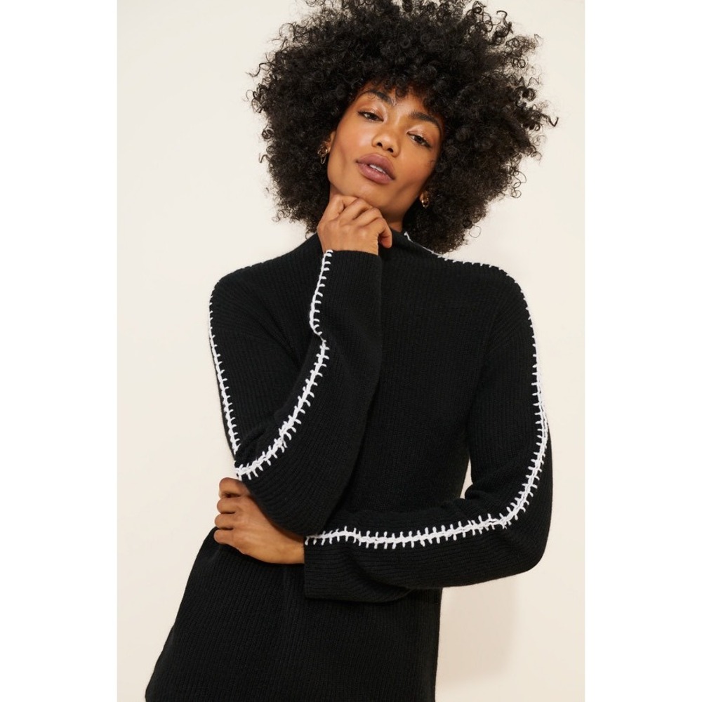 Nouveaux‎ Anthropologie Cashmere Sweater XS Black Whipstitch Mock Neck Goth Bold